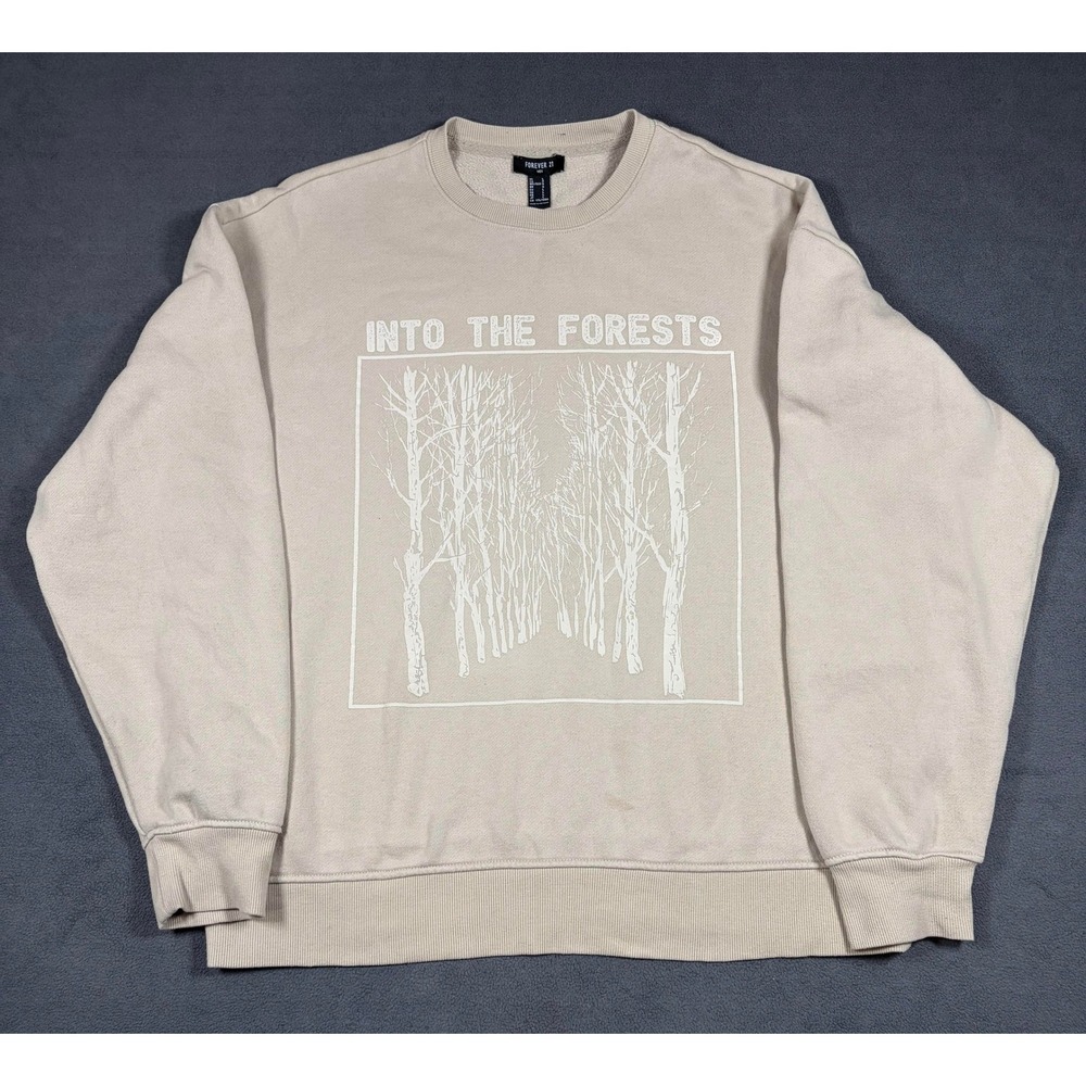 Forever 21 Sweatshirt Mens Large Beige Into The Forests Graphic Tree Print